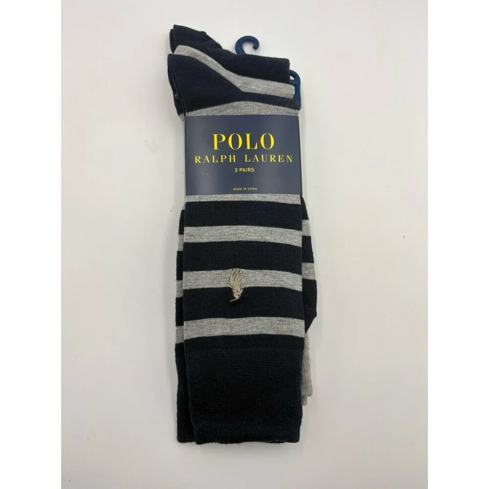 Polo Ralph Lauren 3 Pairs Dress Socks Navy Blue Grey Striped Solid NWT